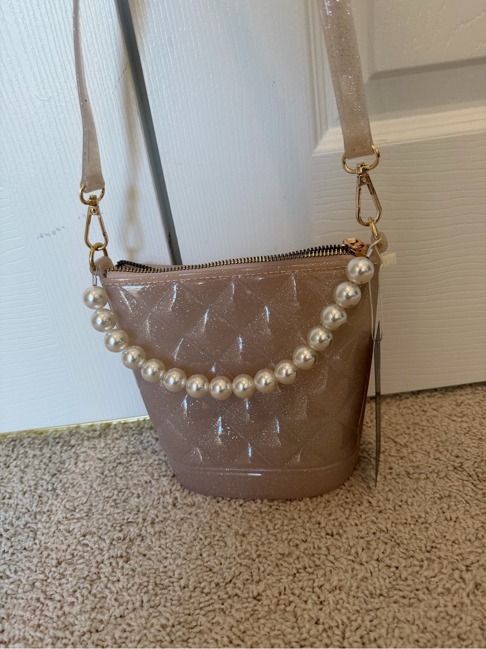 NWT Quilted Jelly Bucket Bag Pearl Handle Crossbody Glitter Pink Beige Vegan